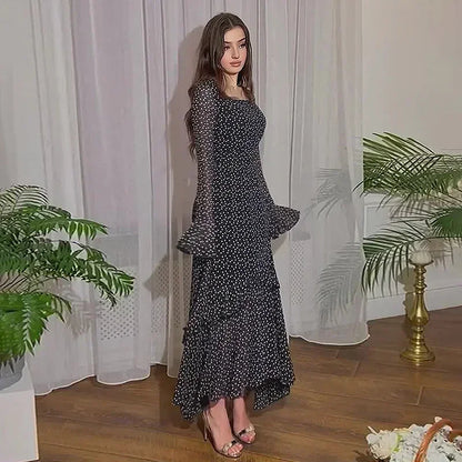 Women's Dress Elegant Fresh Sweet Polka Dot Print Asymmetrical Layered Long Sleeve Tie Details High Waist Slim Maxi Dress