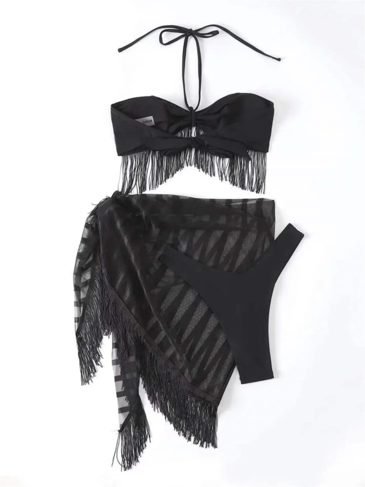 Sexy Tassel Skirt Bikinis Sets Women Black White Push Up 3 Piece Mesh Cover Up Swimsuit Cut Out Bathing Suit Thong Swimwear 2025