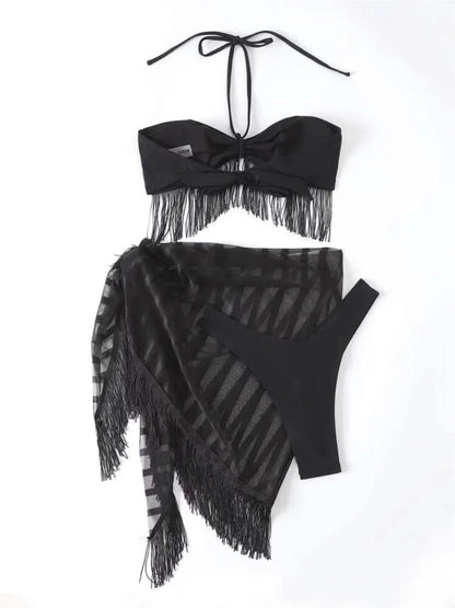 Sexy Tassel Skirt Bikinis Sets Women Black White Push Up 3 Piece Mesh Cover Up Swimsuit Cut Out Bathing Suit Thong Swimwear 2025