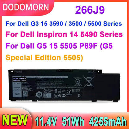 New Laptop Battery 266J9 For Dell G3 15 3590 3500 G5 15 5500 5505 Inspiron 14 5490 M4GWP PN1VN 11.4V 51WH