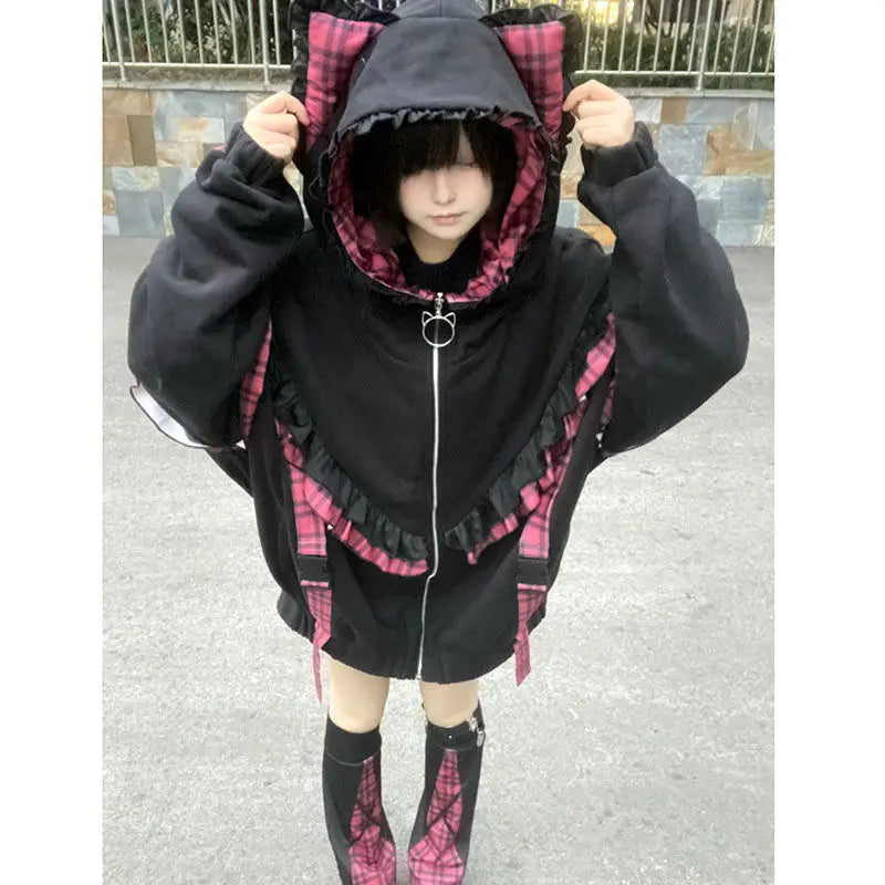 Japanese Jackets for Womens Streetwear Oversized Outwear Patchwork Plaid Ruffles Zipper Hooded Thicked Casual Fashion Y2k Tops