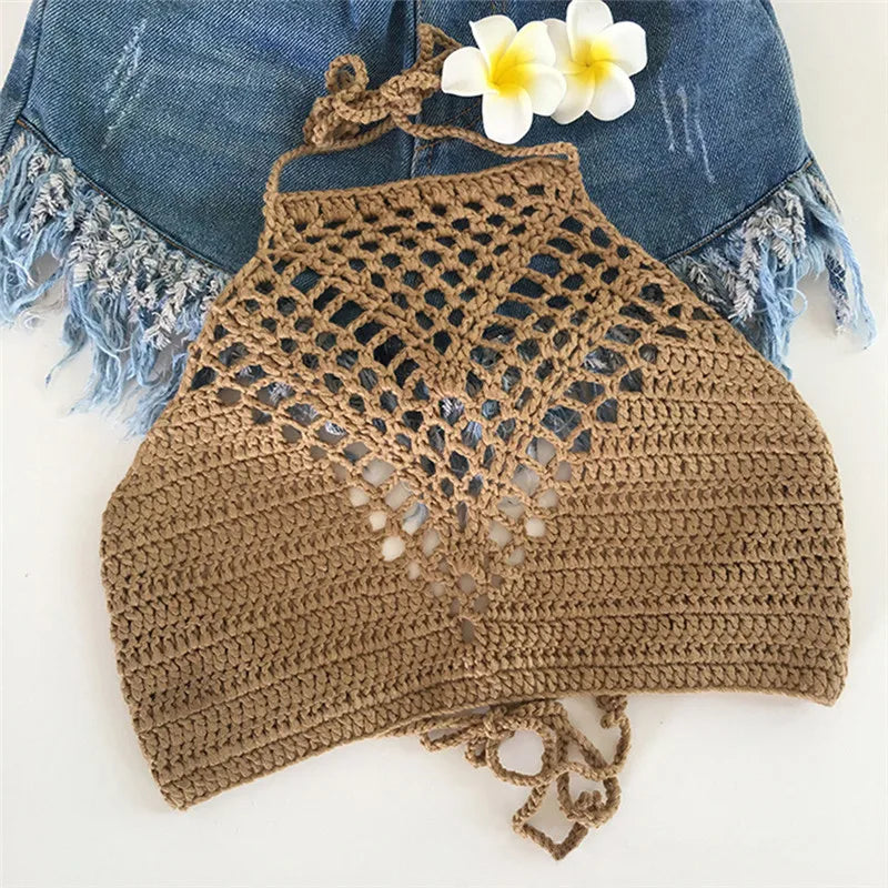 White Halter Vest Strap Crop Tops Bra Beach Bikini Women Summer Short Vest Sexy Hollow Out Crochet Bikini Tank Tops Shirt Plain