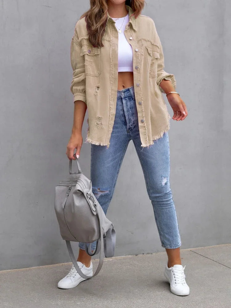 Spring Autumn Denim Women's Jacket Rough Selvedge Ripped Loose Fit Long Sleeve Korean Fashion Female Top
