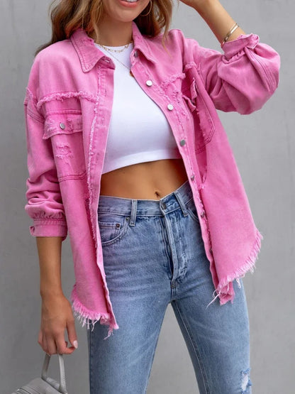 Spring Autumn Denim Women's Jacket Rough Selvedge Ripped Loose Fit Long Sleeve Korean Fashion Female Top