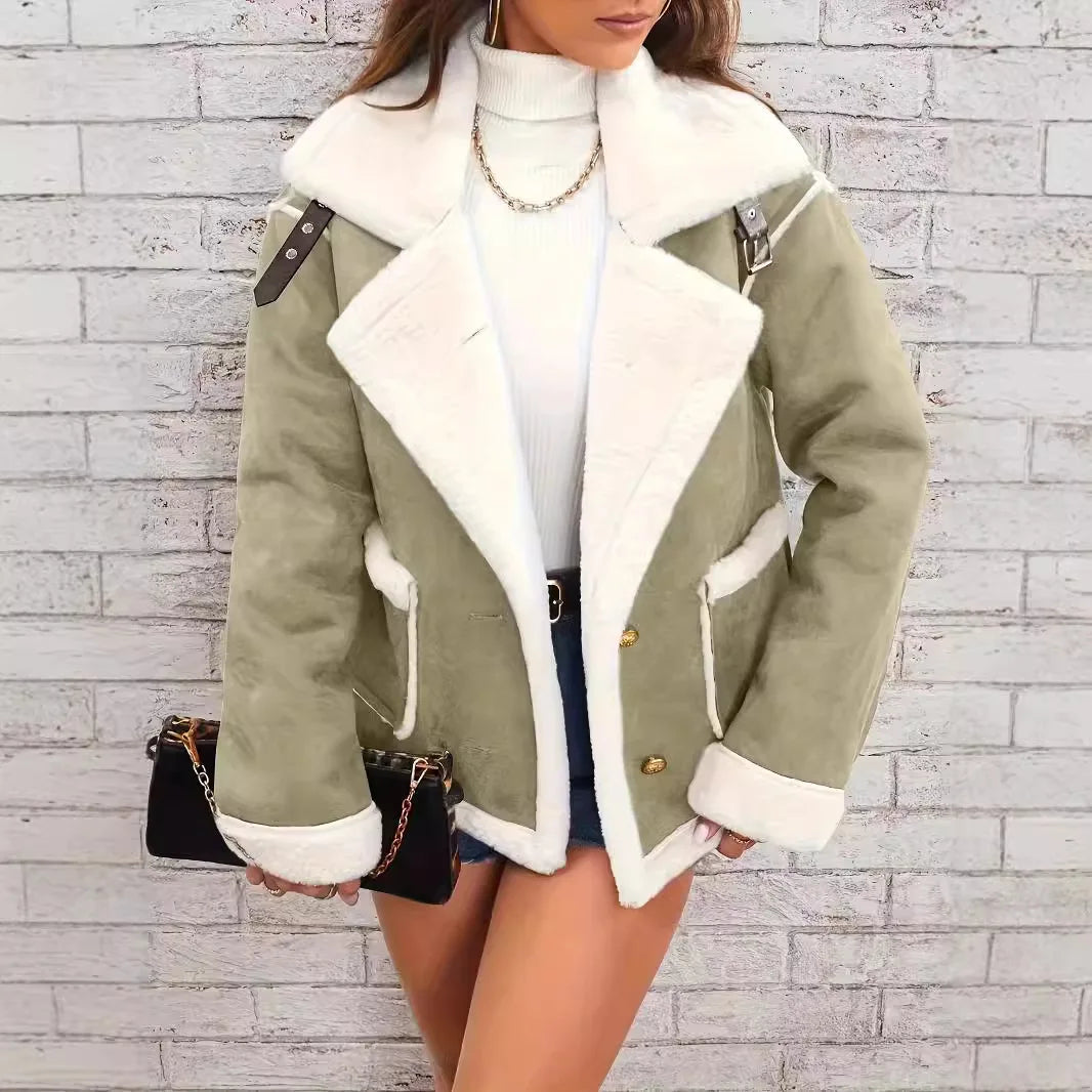 Women Shearling Jacket Casual Short Coat Y2k Turn Down Collar Long Coats Single Breasted Loose Street Wear Thick 2025 Winter