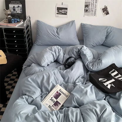 100% Cotton Bed Linen Bedding Set Washed Cotton Four Pieces Bed Sheet Set Comforter Sets Dolid Double Couple Bed Quilt Cover