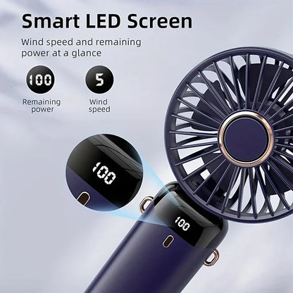 Portable Mini Fan With 6 Speeds LED USB Rechargeable Charging Small Foldable Battery Fans Handheld Desk Bedroom Indoor Outdoor