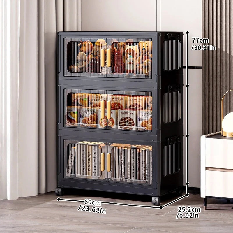 Foldable Clear Double-Door Storage Cabinet Large Space-Saving Mobile Organizer Dustproof Moisture-Proof for Kitchen Living Room