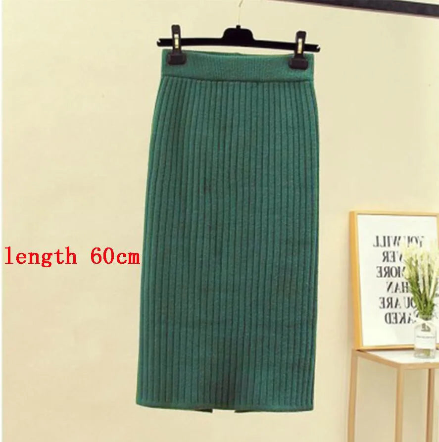 Mid-long Knitted Half-length Skirt Women's High waist One-step Skirt Autumn And Winter Hip Skirt Open-forked Elegant Skirts