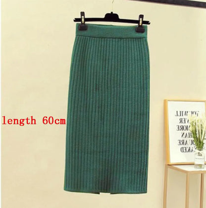 Mid-long Knitted Half-length Skirt Women's High waist One-step Skirt Autumn And Winter Hip Skirt Open-forked Elegant Skirts