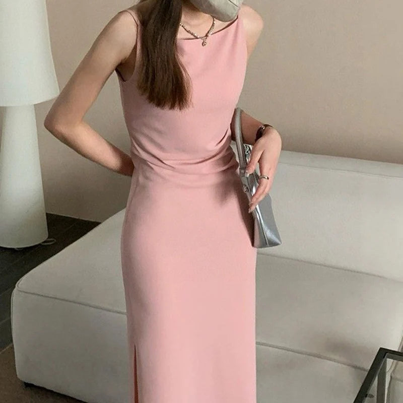 New Summer Women Sexy Skinny One Shoulder Dress Lady Solid Color Wrap Hip Skirts Female Korean Concise Party Slim Fit Long Dress