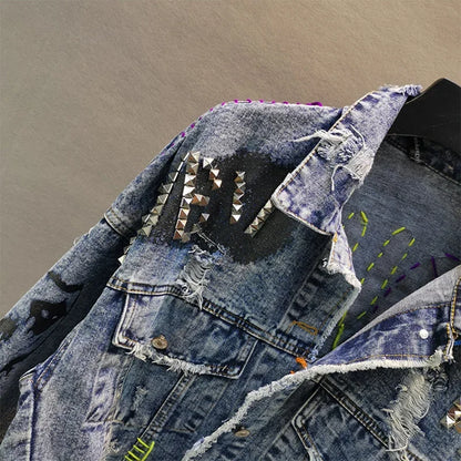 Women Diamonds Beaded Letters Graffiti Denim Coat Holes Rivets Tassels Jeans Bomber Jacket Casual Eyelet Cowboy Cardigan Jaqueta
