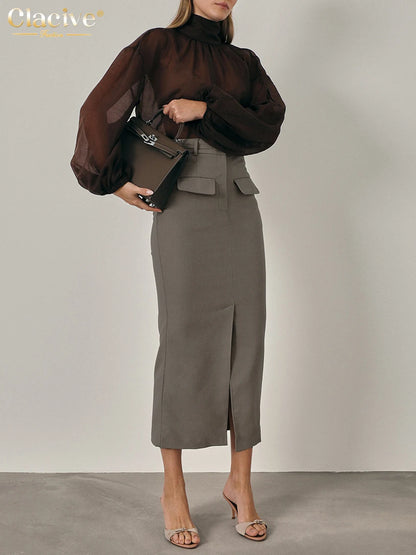 Clacive Fashion Slim Khaki Women's Skirt 2025 Bodycon High Waist Midi Skirt Elegant Classic Solid Slit Skirt Female Clothing