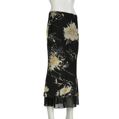 Goth Dark Y2K Aestheics Double Layer Mesh A-line Skirt Women Fashion Florals Print Slim Skirts Fairy Streetwear Gothic Bottoms