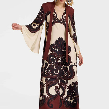 Muslim Ethnic Pattern Print Vintage Dress for Women Sexy V Neck Lace-up Long Dress Spring Fall 3/4 Sleeve Loose Party Maxi Dress