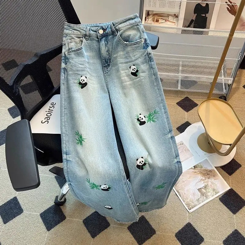 Embroidered Panda Straight Jeans Female Summer High Waist Design Sense Casual Fashion Temperament Slim Wide-leg Pants
