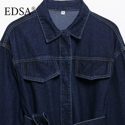 EDSA Women Vintage Denim Jacket Coat with Sashes Flap Pockets Long Sleeves Turn-down Collar for Female High Street Outerwear