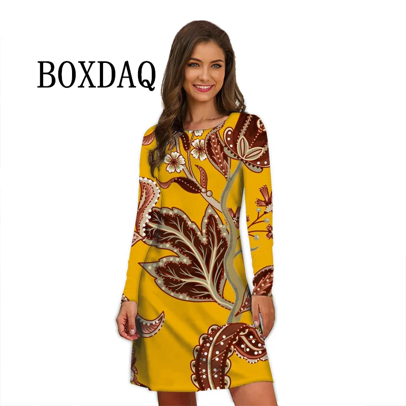 Flower Power Women Dress Retro Hippie 60s Elegant Long Sleeve Loose Dress Casual Fashion Oversized Autumn Woman Print Mini Dress