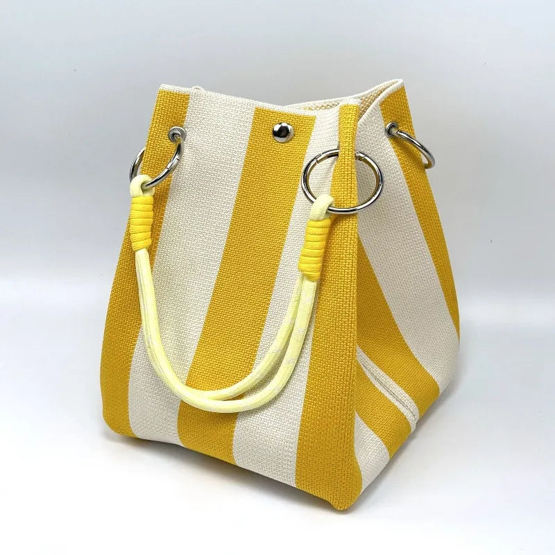 Trendy Woven Bucket Bag for Women, Korean Fashion Knitted Handheld Shoulder Bag, Lightweight Tote for Vacation Shopping Travel