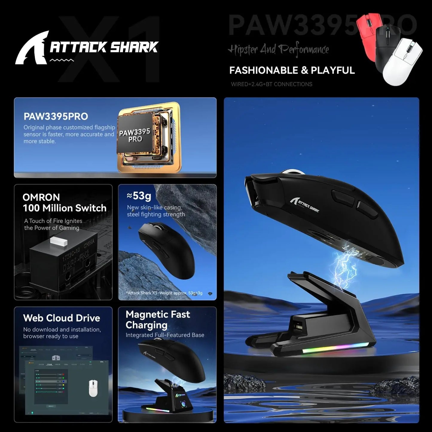 ATTACK SHARK X1 Superlight Wireless Gaming Mouse RGB Magnetic Charging Dock PAW3395PRO Sensor 40000DPI  Wireless Gaming Mouse