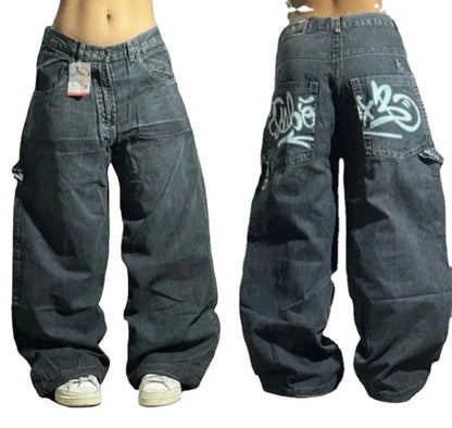 Europe and The United States Diablo Cropped Jeans Women New High Street in Summer To Do Old Creases Patch Wide Leg Pants Unisex