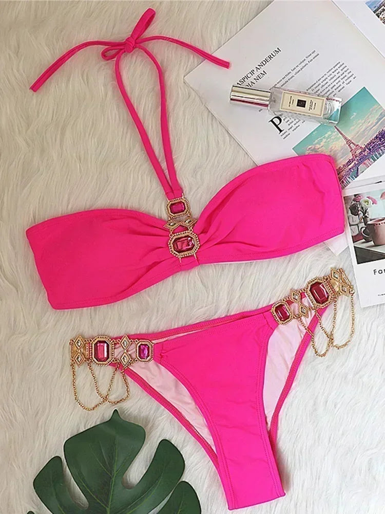 Halter Crystal Rhinestone Diamond Bikini 2025 Female Swimsuit Women Swimwear Two Pieces Bikini set Brazilian Bathing Suit Swim