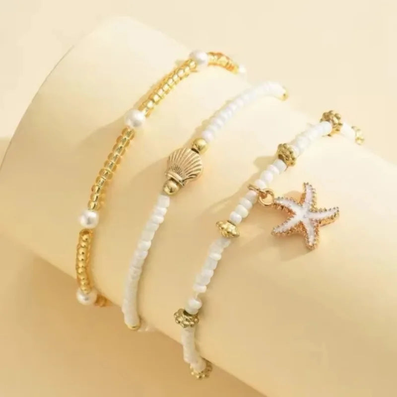 Cute Starfish Shell Rice Bead Multilayer Anklets For Women Foot Chain Ankle Bracelet Beach Jewelry Summer Accessories