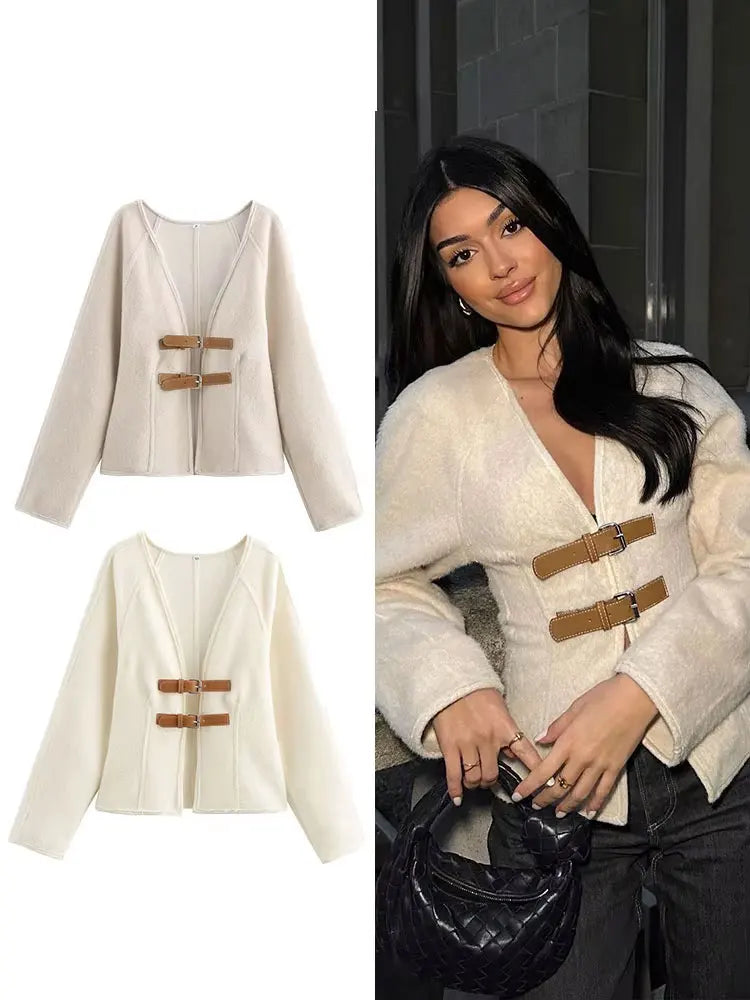 HH 2024Female Autumn Fashion Casual Coats Long Sleeves Belt Decoration Cardigan Solid V-Neck Slim 2-Colors Elegant Retro Top