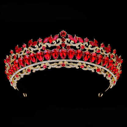 Luxury Red Rhinestone Bridal Tiara Headband Baroque Crystal Grand Crown For Women Banquet Jewelry Hair Accessories