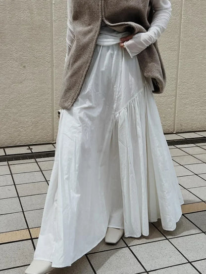 Kuzuwata Loose Autumn Winter Casual Solid Skirt A-line Mid-length Patchwork Big Swing Faldas Japan Moda Ruched All-match Skirts