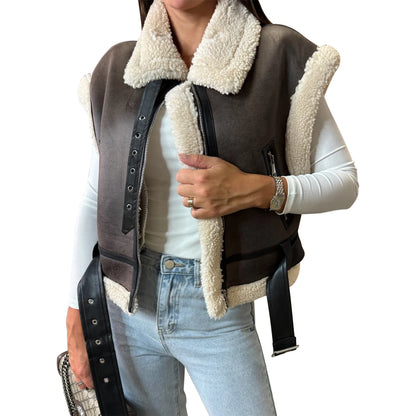 Women Winter Faux Suede Vest Sleeveless Zipper Up Fleece Sherpa Lined Jacket Fashion Solid Color Casual Outerwear Coat!