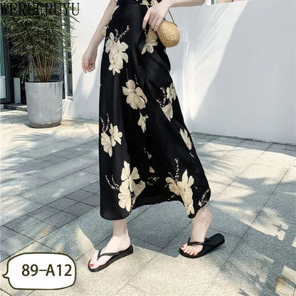 WERUERUYU Wrap Skirts Women Casual Chiffon Tie-Waist Ruffle Wide Leg Loose