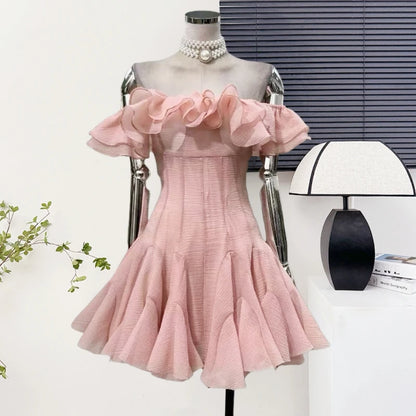 Women's Elegant Off Shoulder Ruffles Slim Mini Dress Lady Summer Sexy Party Holiday Slash Neck A Line Short Dress