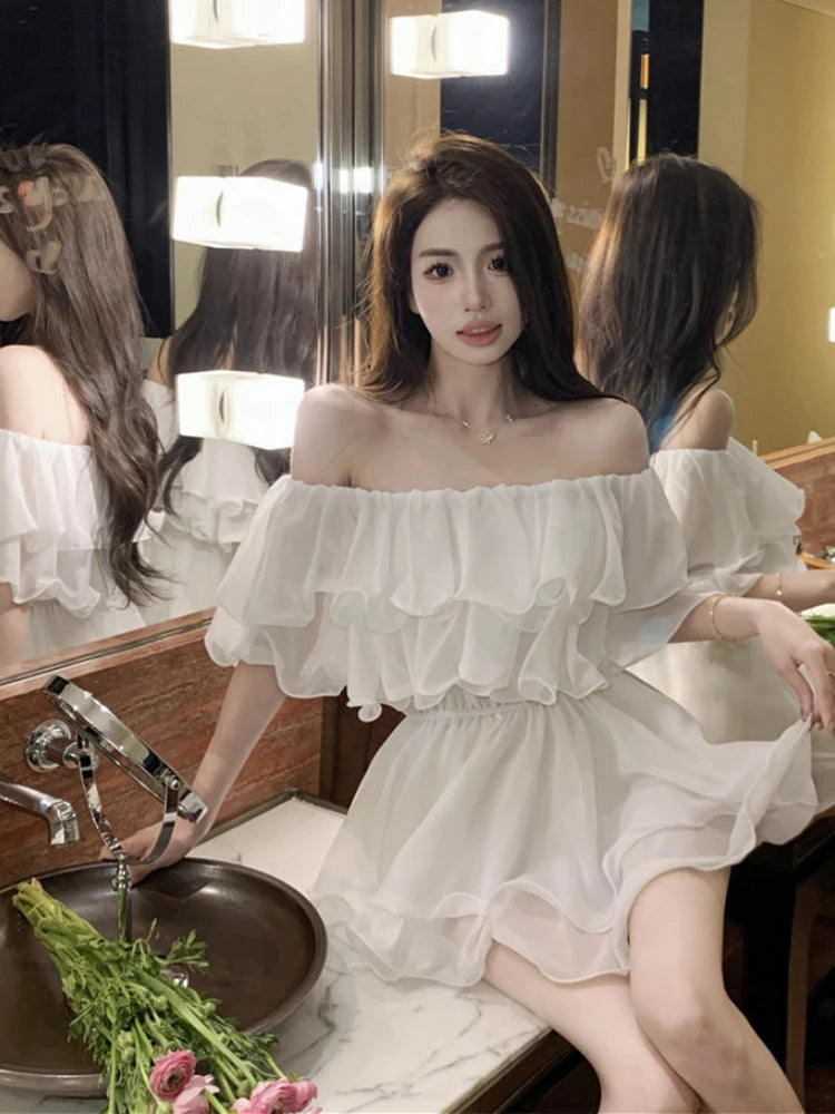 Woman Chiffon Dress Sexy Short Ruffle Dresses for Women Off Shoulder Casual Youth Chic and Elegant Pretty Fashion Summer 2025