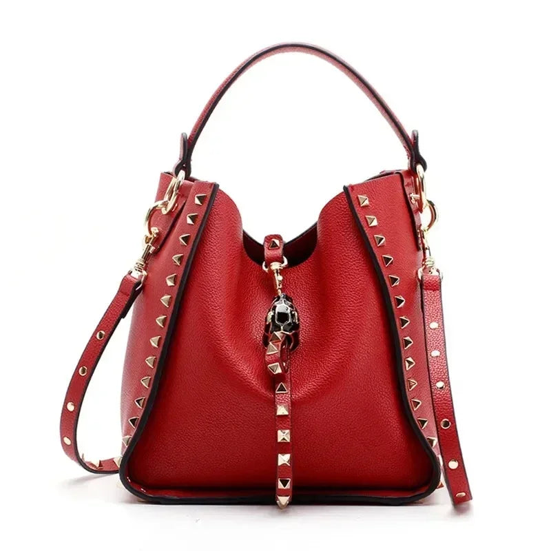 Hot Sale Women's Bucket Bag High Quality Genuine Leather Handbags Ladies Fashion Rivet Shoulder Bag Female Casual Tote 2026