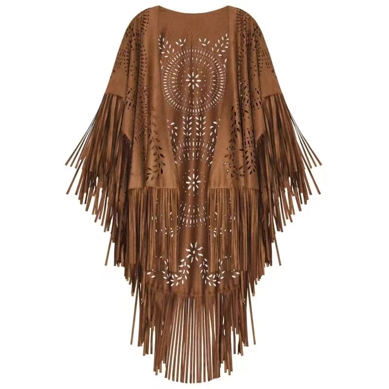 Women's Tassels Sleeveless Vest Hippie Faux Suede Fringe Jackets Cardigan Summer Hollow Waistcoat Outwear Tops