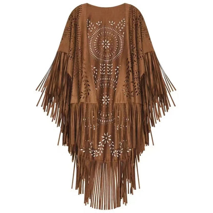 Women's Tassels Sleeveless Vest Hippie Faux Suede Fringe Jackets Cardigan Summer Hollow Waistcoat Outwear Tops