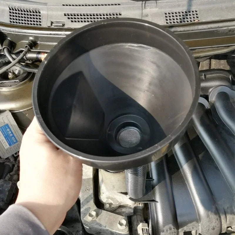 Refueling funnel with filter for automobiles, motorcycles, and transmissions. Oil and water funnel with filter