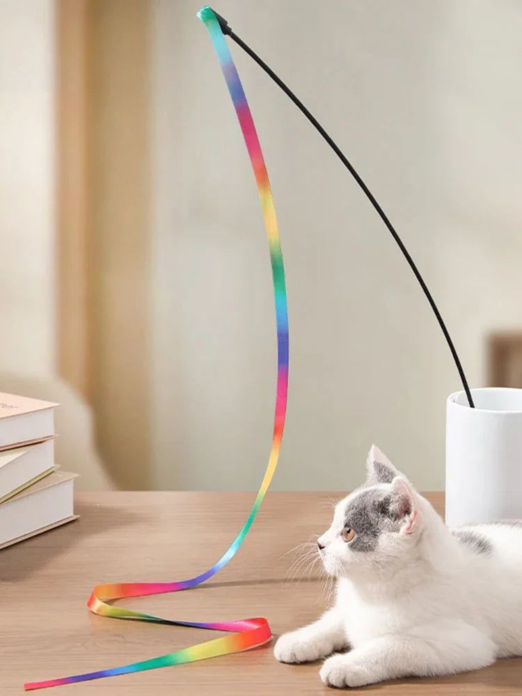 Interactive Coloured Ribbon Cat Toys Teasing Catd Stick Satin Ribbon Cat Stick Toys Kitten Playing Teaser Wand Toy Pet Supplies