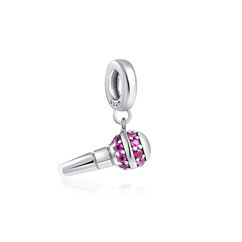 Guitar Microphone Music 925 Sterling Silver Charm Pendant Suitable Fit Original Bracelet Necklace keychain Jewelry Accessories