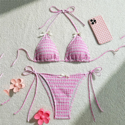 Pink Plaid Print String Micro Bikini Thong 2025 Sexy Swimsuit Women Halter Wrinkle Swimwear Bow Triangle Bikinis Sets Beach Wear