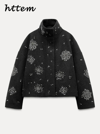 Street Women's Snowflake Beading Woolen Coat Elegant Stand Collar Zipper Full Sleeve Jacket 2024 Autumn Winter Lady Chic Outwear