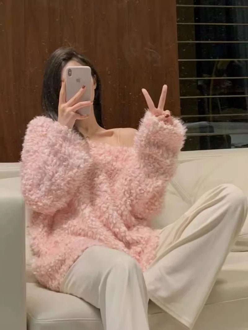 Soft Pink Long Sve Sweater Jaet Women's Autumn Winter Faionable Casual Loose Fit Cotton Blend Comfortable V-Ne Top