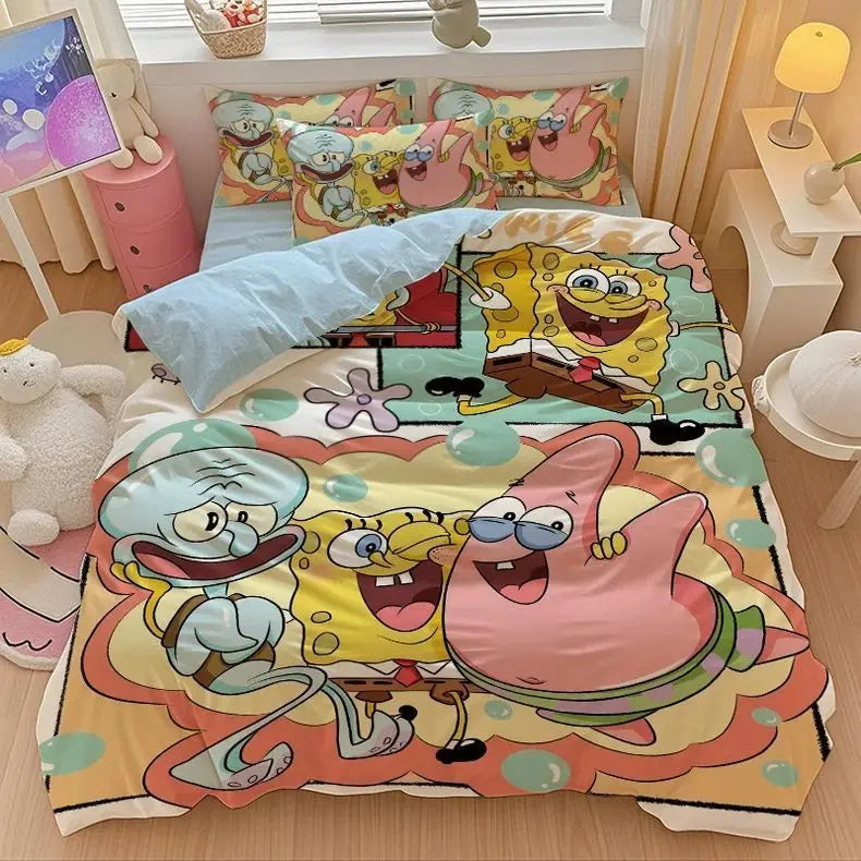 New Anime SpongeBobs Bedding Set Duvet Cover Bed Set Quilt Cover Pillowcase Comforter king Queen Size Boys Adult Bedding Set