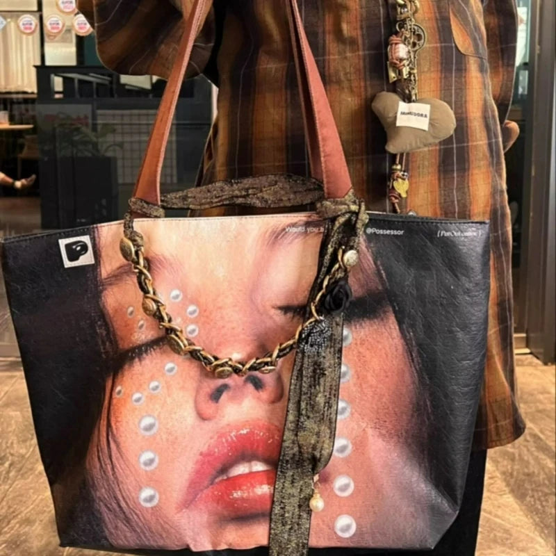 New Stylish Large-capacity Waterproof Shoulder Bag - Creative Women's Face-print Handbag - DuPont Paper Large Shopping Bag