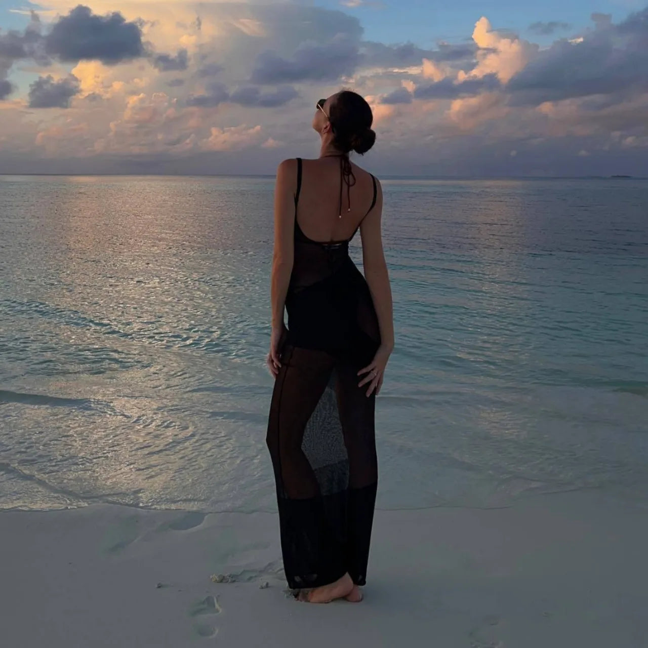 TARUXY Sexy Backless Beach Dress Women Mesh Splice See Through Knitted Long Dresses Hot Girls Party Slim Elegant Cover-up Dress