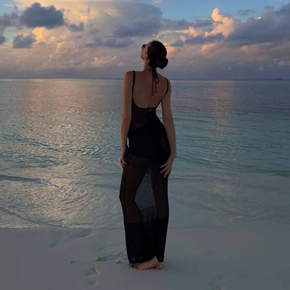TARUXY Sexy Backless Beach Dress Women Mesh Splice See Through Knitted Long Dresses Hot Girls Party Slim Elegant Cover-up Dress