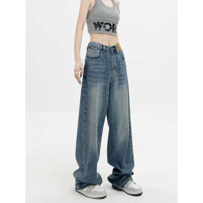 Womens Jeans High Waist Slim Fit Personality Denim Trousers Autumn Winter New Blue Loose Straight Wide Leg Drag Thin