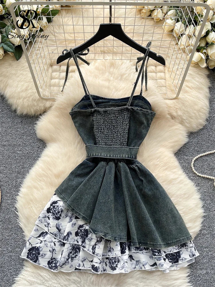 SINGREINY Streetwear Demin Strap Dress Sleeveless With Belt Design Sundress 2025 Summer Floral Splice Ladies Ball Gown Dress