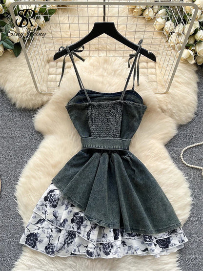 SINGREINY Streetwear Demin Strap Dress Sleeveless With Belt Design Sundress 2025 Summer Floral Splice Ladies Ball Gown Dress